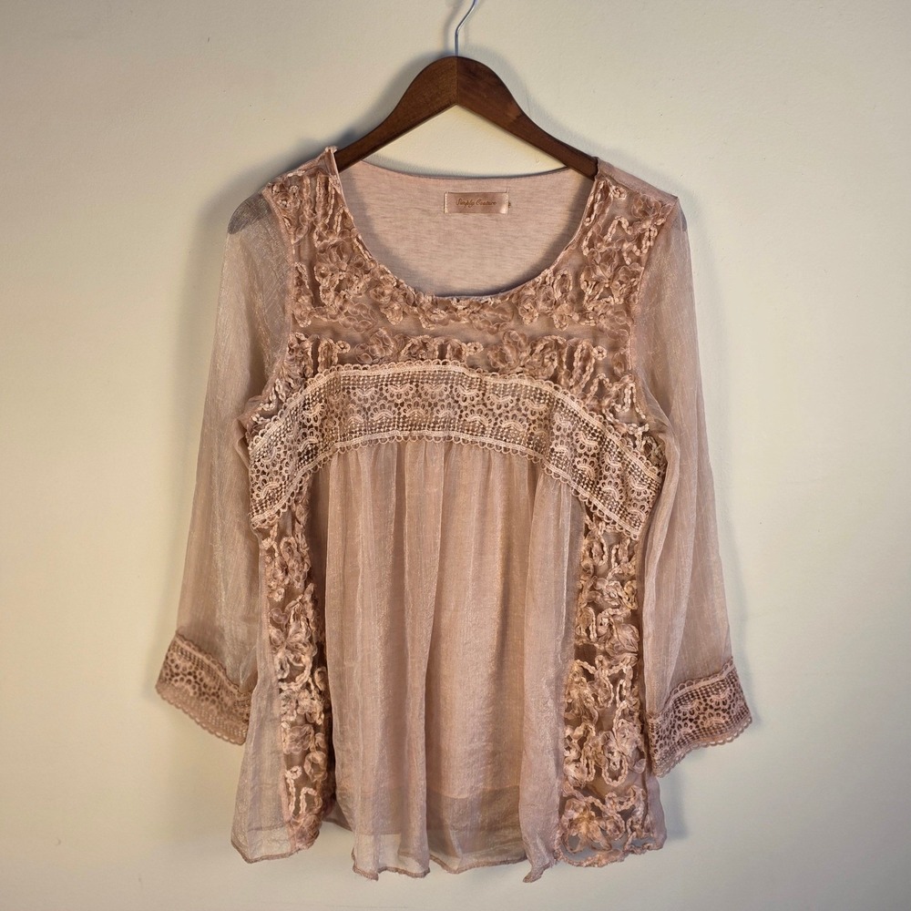 SALE Simply Couture Blouse Women Medium Pink Lace Crochet Boho Sheer Coquette